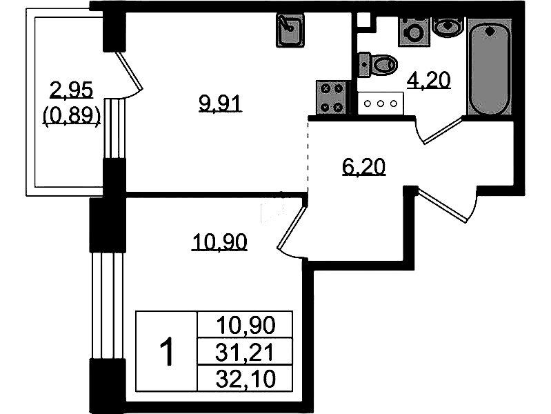 1-комнатная квартира 32.1 м², 5/5 эт., ЖК «Plus Пулковский»